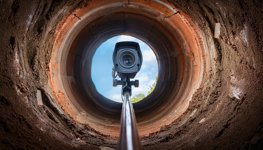 flexible rod mounted camera inserted into sewer pipe for underground infrastructure inspection revealing cracked walls debris and corrosion in high resolution digital clarity